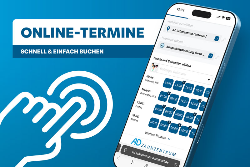 Smartphone zeigt Online-Terminbuchung für AD Zahnzentrum Dortmund mit verfügbaren Uhrzeiten, daneben Hand-Symbol und Text 'Online-Termine schnell & einfach buchen'