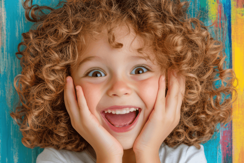 Fröhliches Kind mit lockigem Haar hält Hände an die Wangen vor buntem Hintergrund