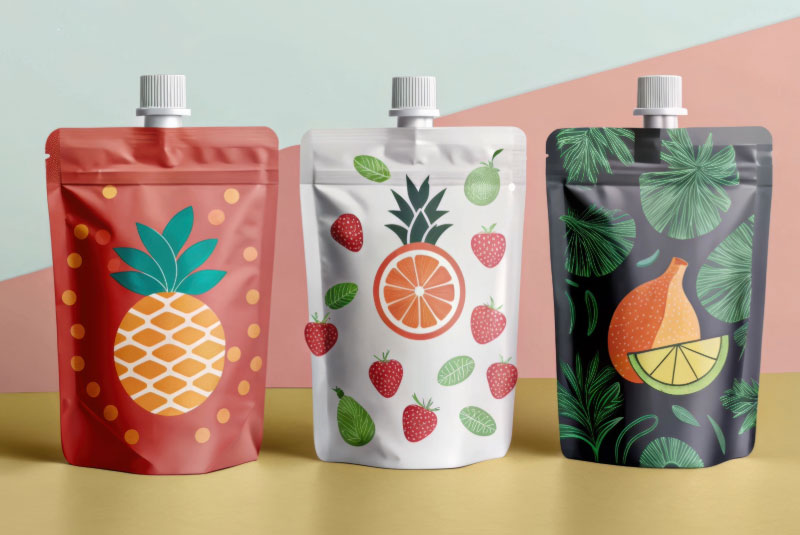 Drei Quetschies stehen vor einem bunten Hintergrund