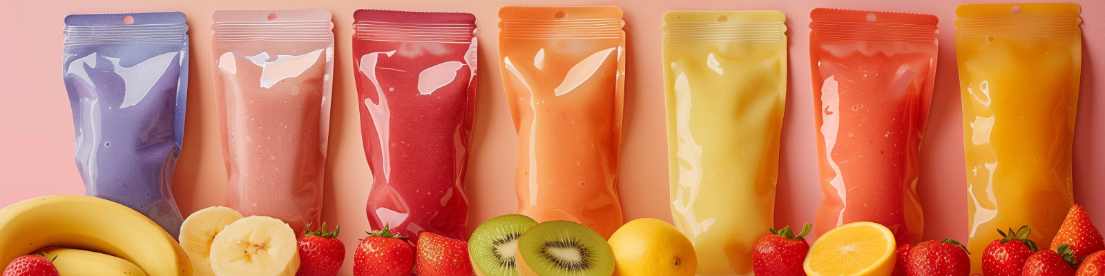 Bunte Beutel in einer Reihe aufgestellt, davor liegen Bananen, Erdbeere, Kiwi, Zitronen