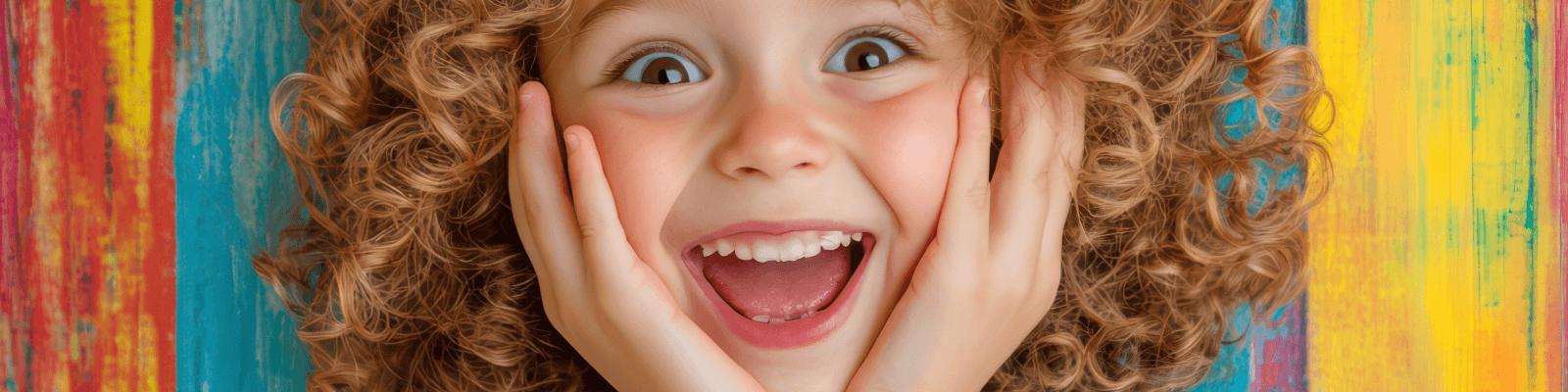 Fröhliches Kind mit lockigem Haar hält Hände an die Wangen vor buntem Hintergrund