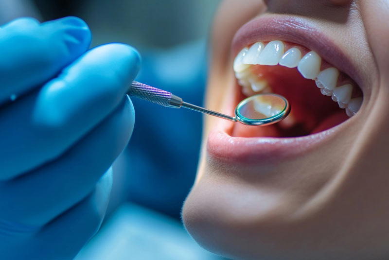 Hand mit blauem Handschuh hält Zahnspiegel in einen geöffneten Mund